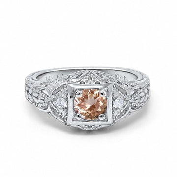 14K White Gold 0.15ct Round Antique Style 5mm G SI Natural Morganite Diamond Engagement Wedding Ring Size 6.5